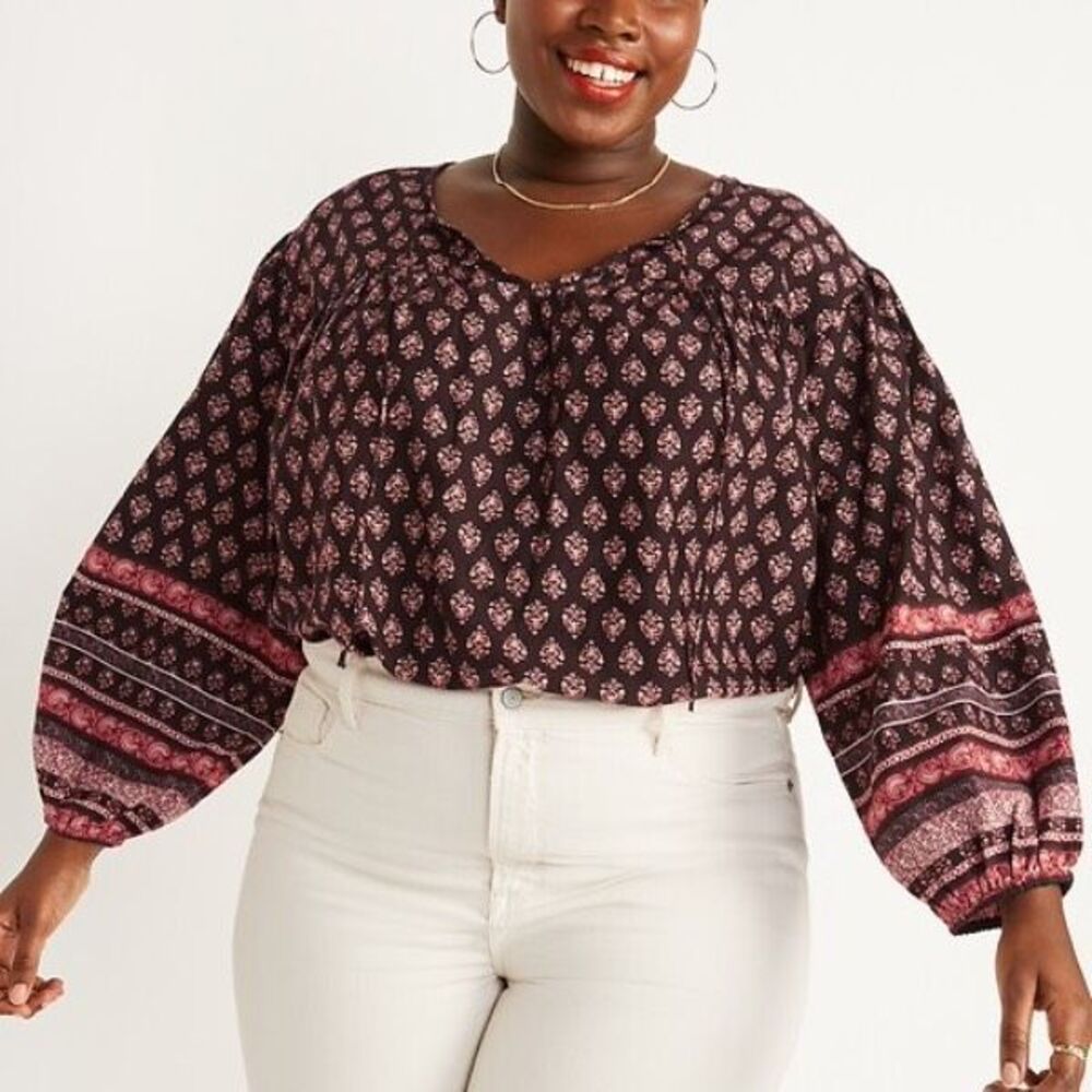 Old Navy Floral-Print Split-Neck Long-Sleeve Smocked Printed Poet Blouse Size XL